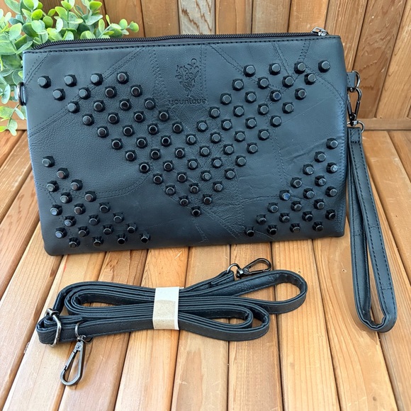 Younique Handbags - Edgy Black Leather Studded Clutch Crossbody Bag Wristlet Boho by Younique